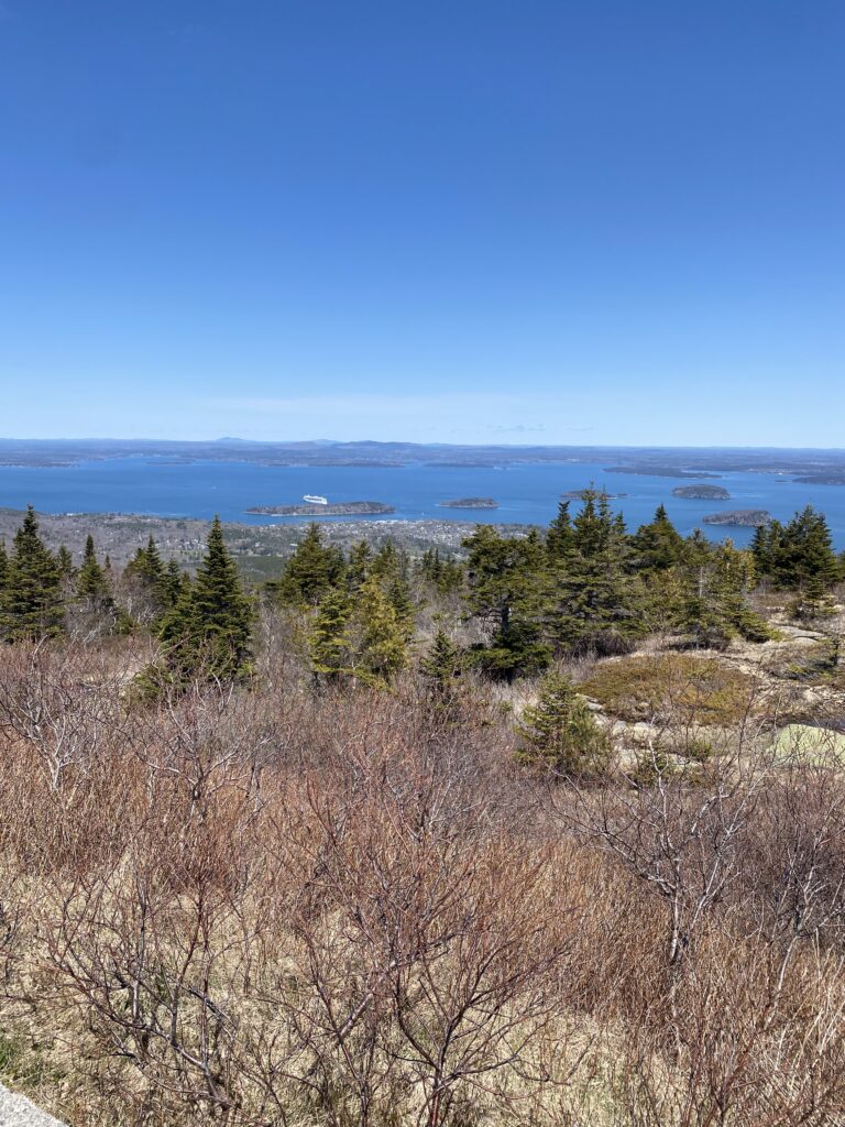 Overlook from Cadillac Mountain Acadia National Park. Ocean with small islands and trees in foreground