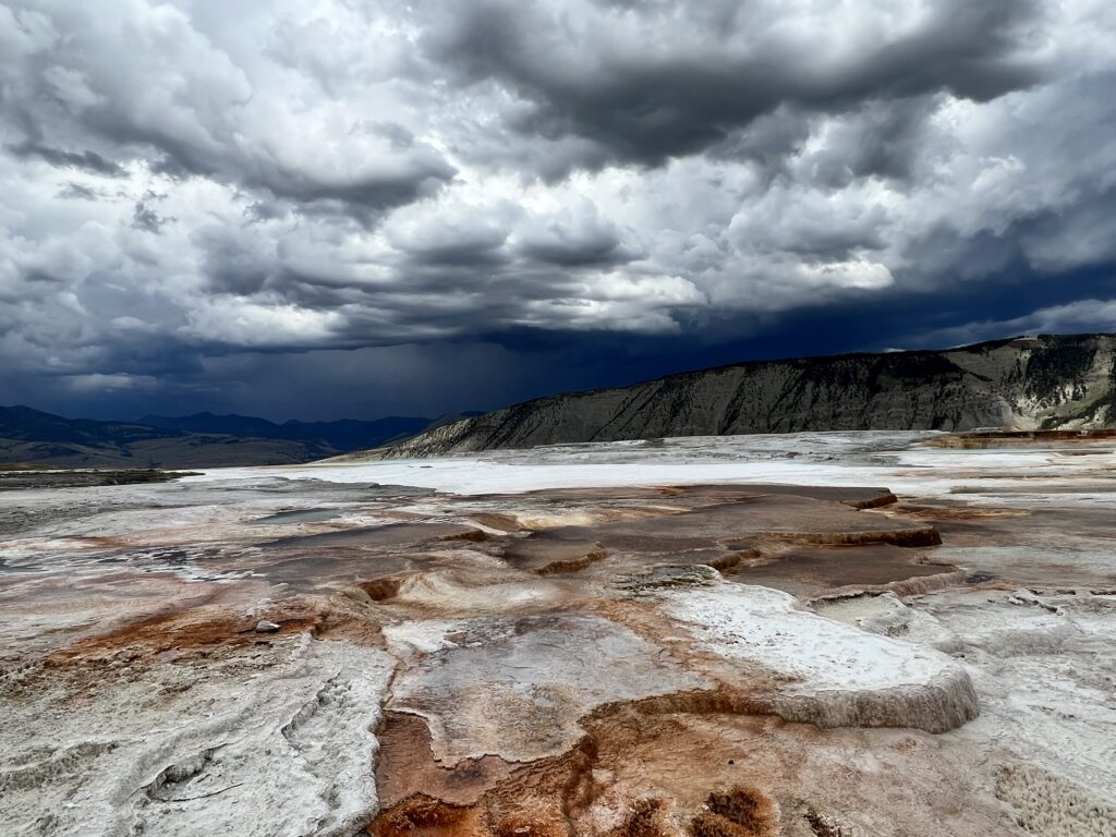 Stormy skies over area at Mammoth hot springs Yellowstone national park
