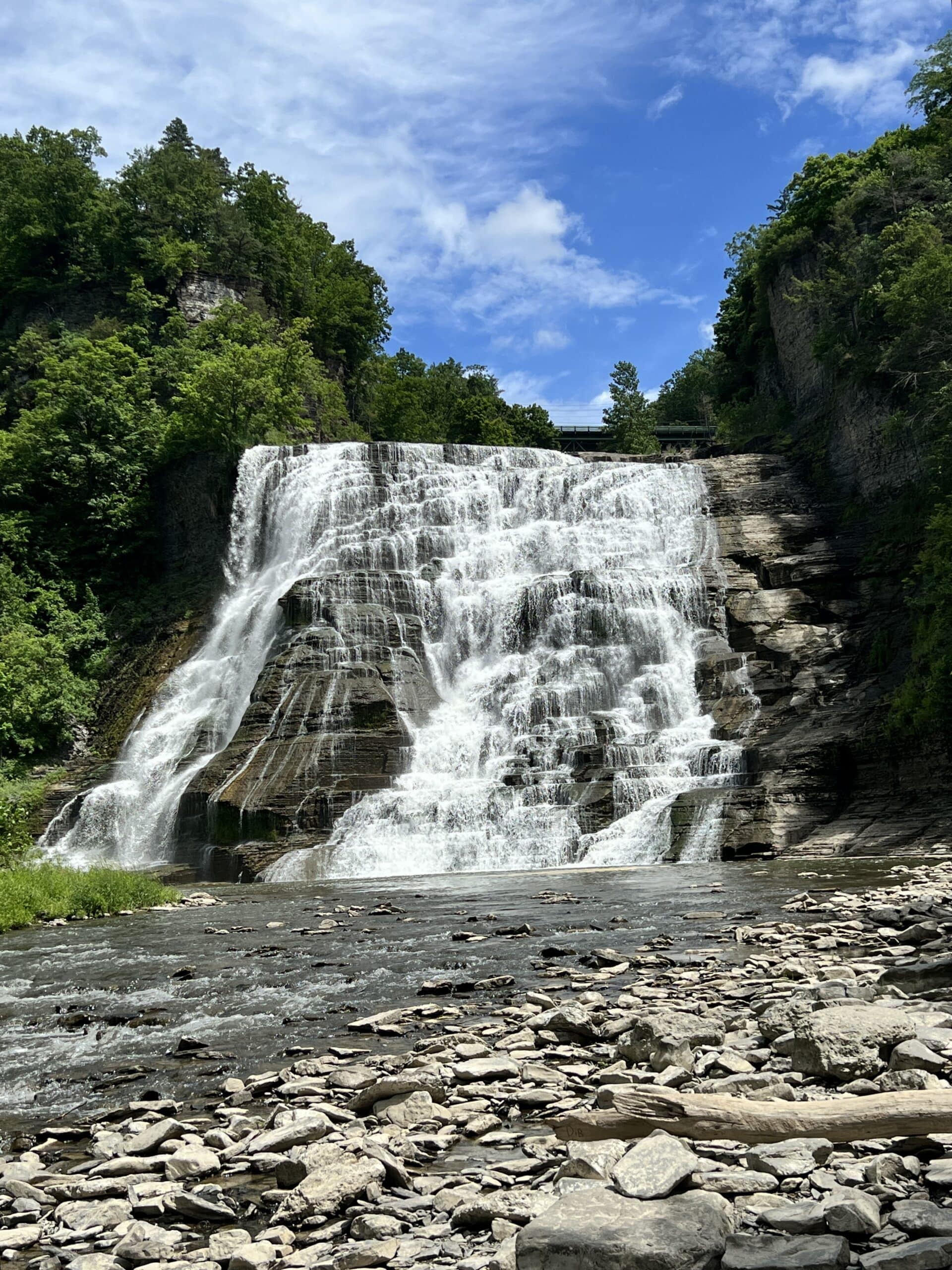 Ithaca Falls Waterfall flowing onto rocky stream bed with trees on either side